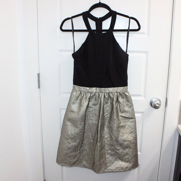 Aidan Mattox Halter Fit & Flare Dress Black and Metallic Gold Size 4 - Picture 1 of 3